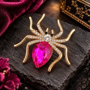 Gold Tone PINK Rhinestone Spider Brooch